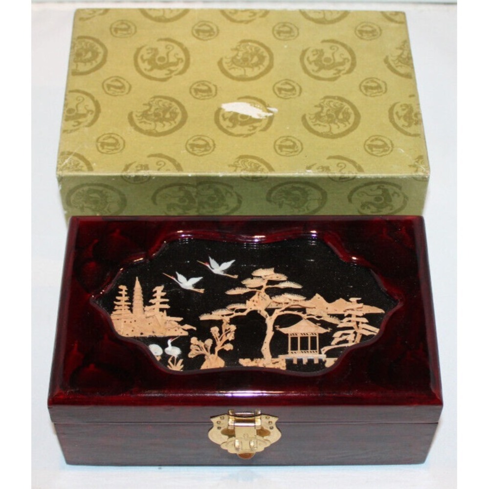 vintage lacquered jewelry box with cork picture cranes with box & lock